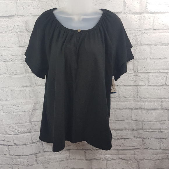 Terra &Sky NWT Black Textured Peasant Short Sleeve Top - Picture 2 of 9